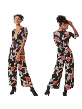 Urban outfitters floral tie-front jumpsuit plunging neck black orange medium